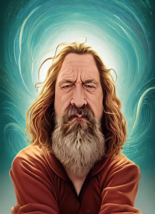 Prompt: a beautiful portrait of the dude from the big lebowski with eyes closed touching her heart with arms crossed, symetrical, designed by dr seuss and michal karcz, by cyril rolando and asher durand and natalie shau and alex gray