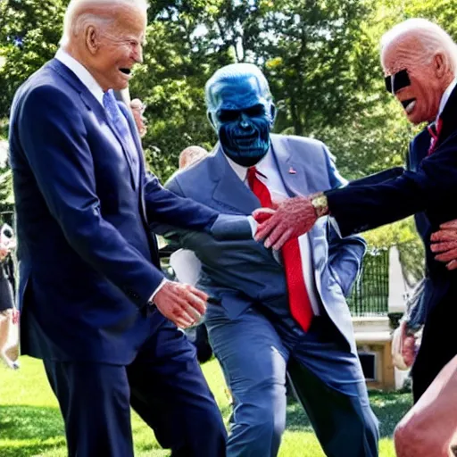 Image similar to a monster from predator destroys joe biden on the white house lawn