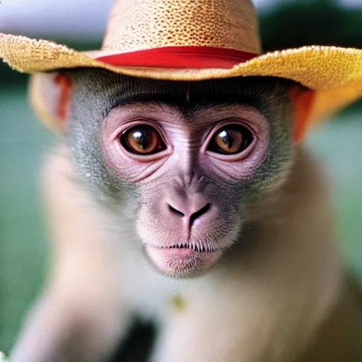 Prompt: A closeup film photography of a monkey cat wearing straw hat, photo bySlim Aarons, award winning, 4K