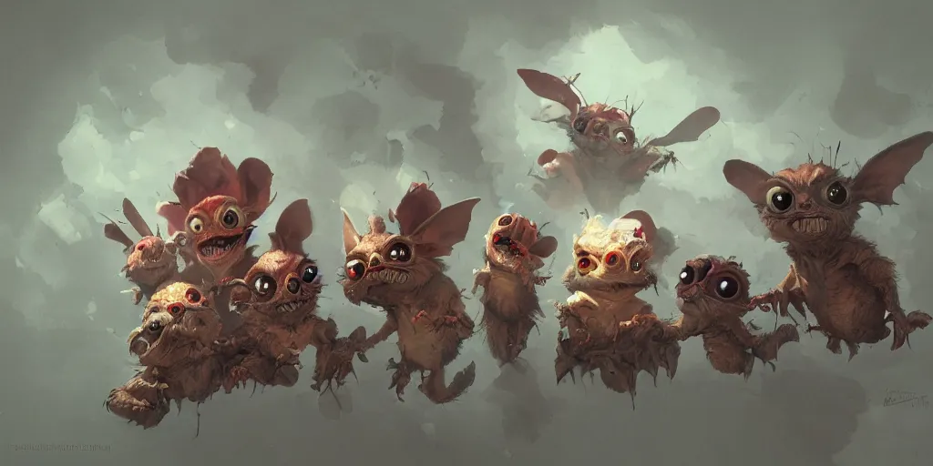 Image similar to Happy cute gremlins, Moebius, Kim Jung Gi, Greg Rutkowski, Zabrocki, Karlkka, Jayison Devadas, Phuoc Quan, trending on Artstation, 8K, ultra wide angle, pincushion lens effect