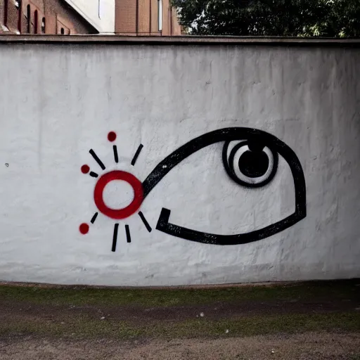 Prompt: wall with graffiti of man with one eye made with circles and lines