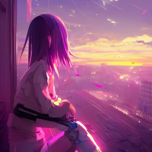 Prompt: android mechanical cyborg anime girl child overlooking overcrowded urban dystopia sitting. Pastel pink clouds baby blue sky. Gigantic future city. Raining. Makoto Shinkai. Wide angle. Distant shot. Purple sunset. Sunset ocean reflection. Pink hair. Pink and white hoodie. Cyberpunk. featured on artstation. robotic wired knee. Wearing a sweater.-S 1216826879