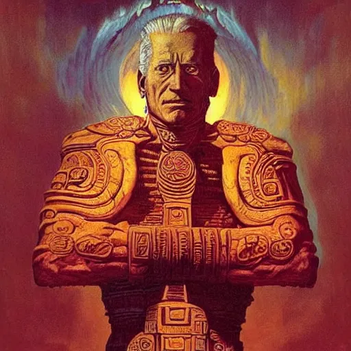 Image similar to giant mayan joe biden!!!!!!!!!!!!!!!!!!!!!!!! with flaming eyes standing over city, perfectly clear face, by j. c. leyendecker and beksinski