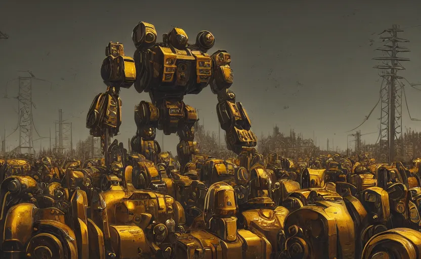 Prompt: an intricate matte painting of a giant armored plated metal mecha, crowd of people, by simon stalenhag, rust, yellow and black trim, trending on artstation, hdr, 8 k