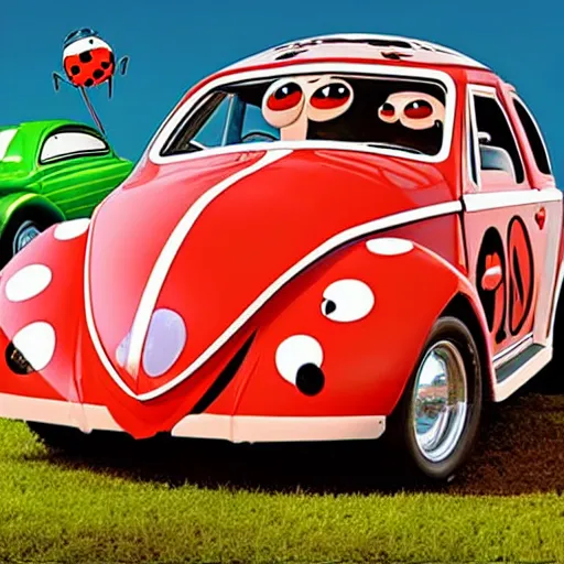 Image similar to a hybrid lady bug and'herbie the love bug'race car. it's a nice night at the drive - in diner. imax, 7 0 mm, movie still