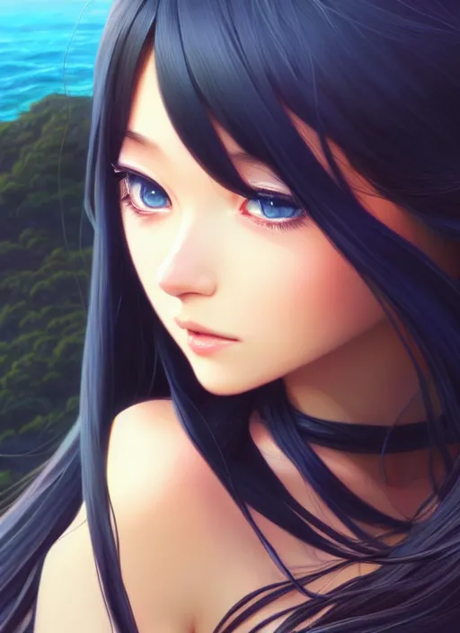 Prompt: a beautiful girl with long black hair in, island background, intricate, highly detailed, digital painting, artstation, official media, anime key visual, concept art, rich vivid colors, ambient lighting, sharp focus, illustration, art by Artgerm, Makoto Shinkai, Ilya Kuvshinov, Lois Van Baarle, and Rossdraws