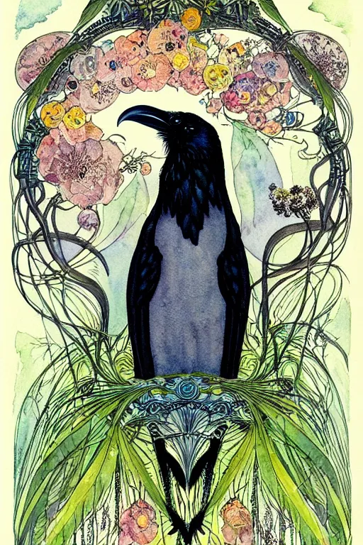 Image similar to single realistic raven in the center of an ornate floral frame, art by kay nielsen and walter crane, illustration style, watercolor