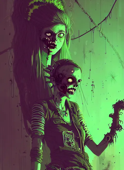 Image similar to highly detailed portrait of an angry wasteland punk long dripping green poison hair tribal zombie lady, stray wiring by atey ghailan, james gilleard, by joe fenton, by greg rutkowski, by greg tocchini, by kaethe butcher, 4 k resolution, gradient purple, brown black and white color scheme!!! ( ( green flaming robotic sewer background ) )