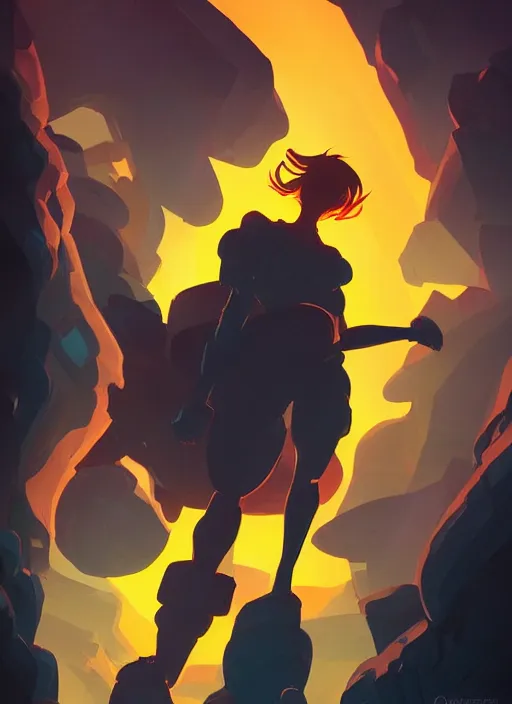 Prompt: giant human siluette of orange glowing color inside a dark cavern, watching a giant skyscraper with thousands of floors and bright yellow windows, in the Style of Artgerm and Charlie Bowater and Atey Ghailan and Mike Mignola, vibrant colors and hard shadows and strong rim light, Comic Cover Art, plain background, trending on artstation