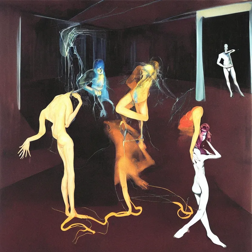 Image similar to Man and woman attached by love in a living room of a house, floating dark energy surrounds the middle of the room. There is one living room plant to the side of the room, surrounded by a background of dark cyber mystic alchemical transmutation heavenless realm, cover artwork by francis bacon and Jenny seville, midnight hour, part by adrian ghenie, part by jeffrey smith, part by josan gonzales, part by norman rockwell, part by phil hale, part by kim dorland, palette knife texture, paint drip, muted cold colors, artstation, highly detailed