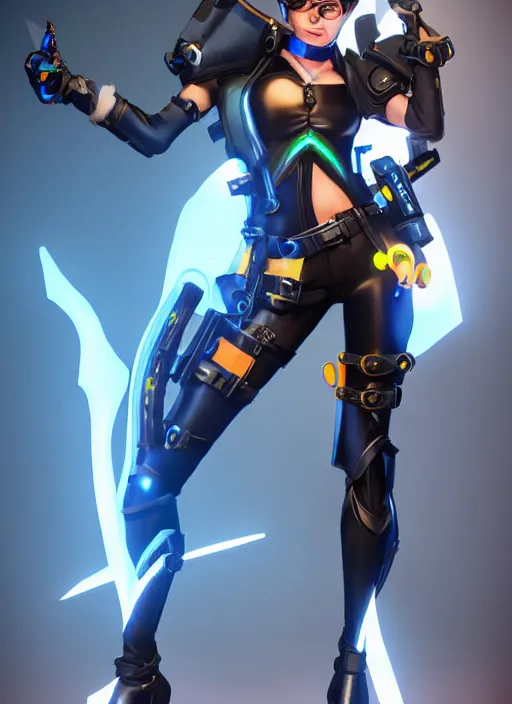 Image similar to full body digital artwork of tracer overwatch, wearing black iridescent rainbow latex, 4 k, expressive happy smug expression, makeup, in style of mark arian, wearing detailed black leather collar, wearing sleek armor, black leather harness, detailed face and eyes,