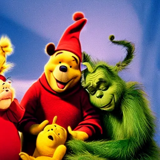 Image similar to winnie the pooh as the grinchfrom, winnie the pooh cast as the grinch