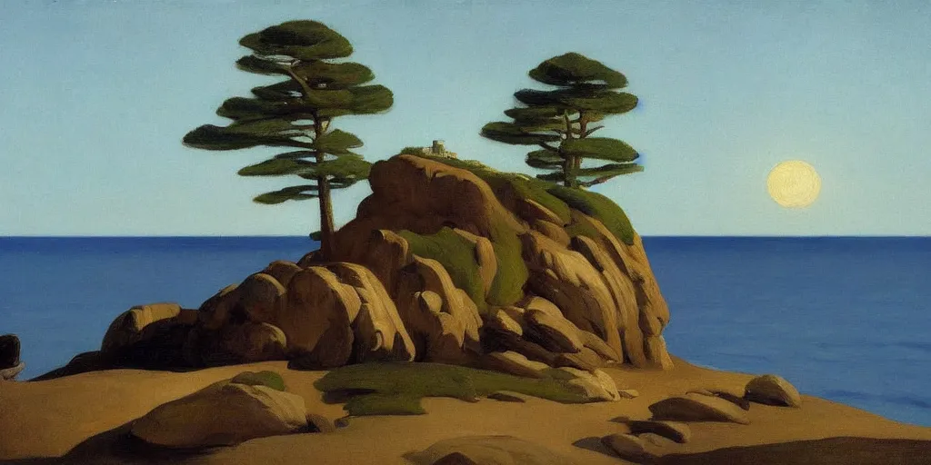 Prompt: a beautiful landscape painting of a rocky outcrop on the coast with a tree next to a house, night time moonlight, by edward hopper, oil on canvas, highly detailed, hd, 4 k