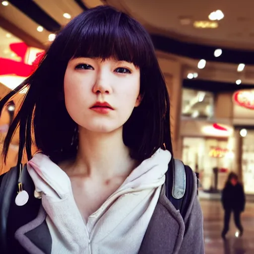 Image similar to a closeup portrait of woman walking in mall alone in style of 1990s, street photography seinen manga fashion edition, focus on face, eye contact, tilt shift style scene background, soft lighting, Kodak Portra 400, cinematic style, telephoto