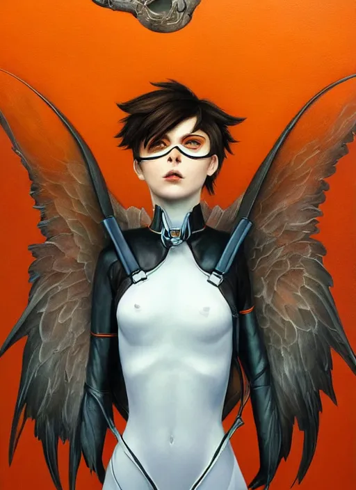 Image similar to full body artwork of tracer overwatch, wearing leather collar, in style of zdzisław beksinski, angel wings, dramatic painting, symmetrical composition, wearing detailed leather collar, black shiny armor, chains, black harness, detailed face and eyes,