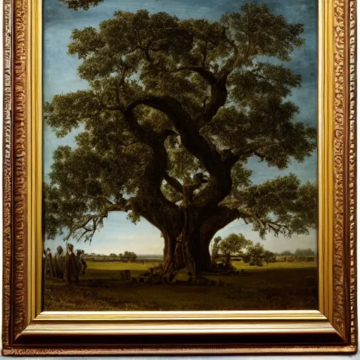 Image similar to huge tree with a lot of hung bodies, southern gothic art, 1 9 th century scene, painted by friedrich caspar david