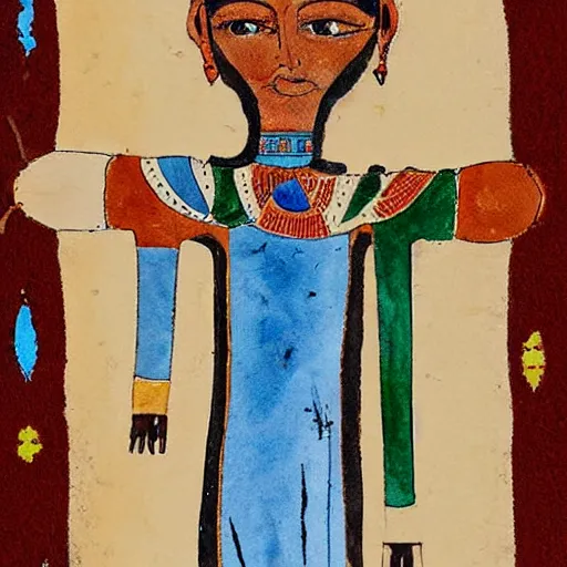 Prompt: painting of ball jointed doll, realistic, watercolor and ink, art in the style of Mesopotamia 3000 to 4000 BCE and Protoliterate period, art by Yahya ibn Mahmud al-Wasiti and Firyal Al-Adhamy-n 6