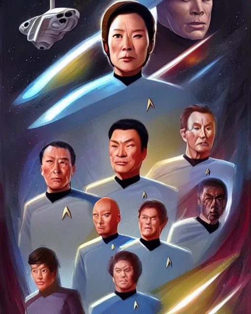 Image similar to star trek but the cast are all chinese, real life skin, intricate, highly detailed, artstation, concept art, smooth, sharp focus, art by artgerm and greg rutkowski