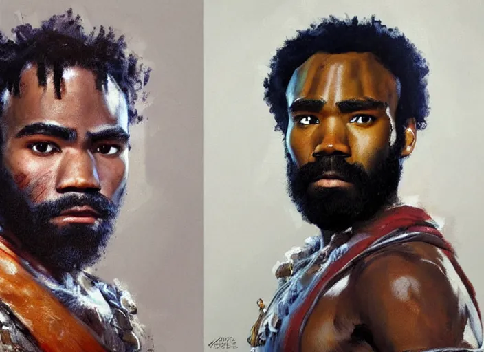 Image similar to a highly detailed beautiful portrait of donald glover as kratos, by gregory manchess, james gurney, james jean