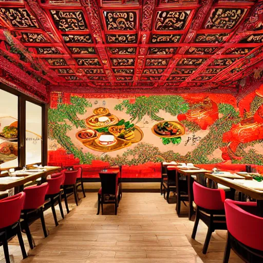 Image similar to a beautiful hyperdetailed 4 k hd wallpaper illustration interior of roasted string hotpot restaurant restaurant yan'an, wall painting, from china, with merchant logo, fine delicate structure, chinese style, victo ngai