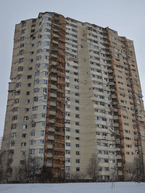 Prompt: low - cost soviet panel apartment building photo, extreme wide shot