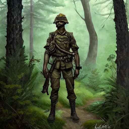 Image similar to male soldier in the forest, by annie leibowitz!!!, D&D, fantasy, intricate, elegant, highly detailed, digital painting, artstation, concept art, matte, sharp focus, illustration