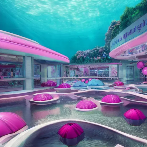 Prompt: pastel pink shopping mall underwater, hyper realistic, extremely detailed, concept art, trending on artstatoon, atmospheric, 8k, octane render, unreal engine