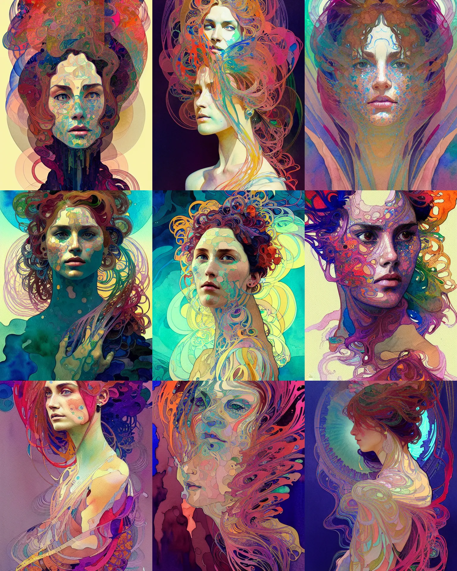 Prompt: woman portrait an watercolor painting splashes with many colors and shapes by john backderf greg rutkowski and alphonse mucha, polycount, generative art, psychedelic, fractalism, glitch art