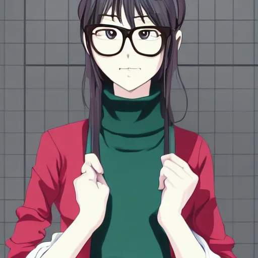 Prompt: adorable cute demure anime librarian wearing woolen sleeveless turtleneck. glasses girl. view from above. boyfriend angle. By hiromu arakawa. fanart Studio Trigger. hd upscaled pixiv. sharp focus. trending image.