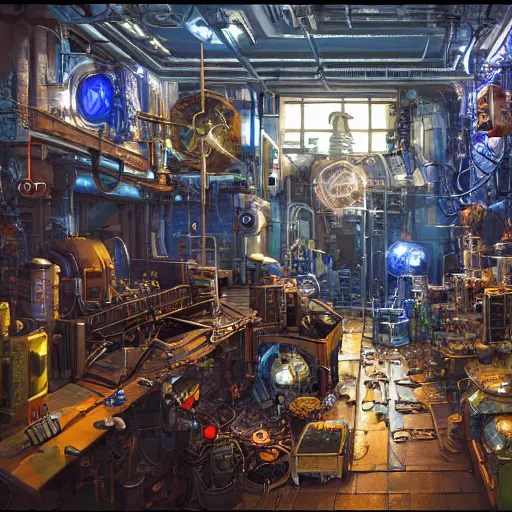 Image similar to fusion reactor in a cyberpunk tinkerer's workshop cryengine render by android jones, james christensen, rob gonsalves, and tim white