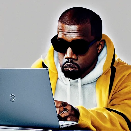 Prompt: hyped kanye west wearing white aviator sunglasses with horizontal bars in place of traditional lenses in a bumblebee costume drinks coffee in front of a futuristic neo solar punk minimal intricate technology aesthetically pleasing hovering laptop, highly detailed, masterpiece, neo classical art, rembrandt lighting