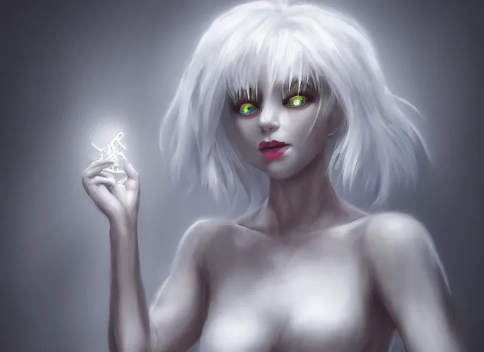 Image similar to mysterious fate girl with silk glowing white hair with glowing white stings coming out of her hands, she poses as a puppeteer with her hands infront of her concept art trending on artstation oilpaint portrait