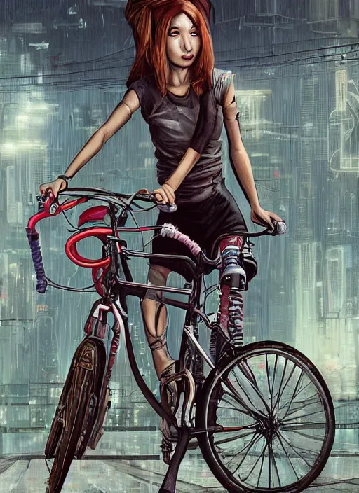 Prompt: An epic fantastic realism comic book style painting of a beautiful girl on a bicycle with robot legs, robotics, long pigtails hair, asian girl, cyberpunk, Concept world Art, ultrarealistic, hyperrealistic, dynamic lighting by Paolo Eleuteri Serpieri