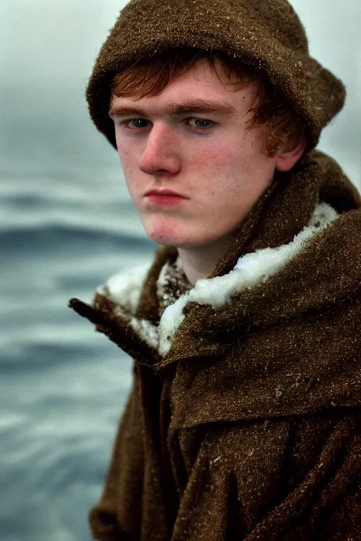 Prompt: super close up portrait of a frowning young irish adolscent 1 8 years old irish man in the cold cold sea at winter, by annie leibowitz, 1 9 9 8,