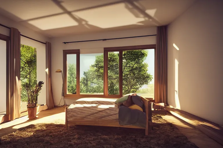 Image similar to rays of the morning sun shining through the window of the village house. very beautiful, clear sky, warm shiny colors, octane render