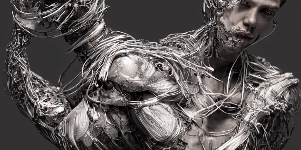 Image similar to hyper realistic photography of a stunningly beautiful cyborg male, plated arm, intimate, chest, holding close, ribbons, in the style of beth cavener, jin kagetsu,, and wlop, highly detailed, intricate filigree, symmetry, masterpiece, award winning, sharp focus, concept art, highkey lighting, ambient lighting, octane render, 8 k, artstation