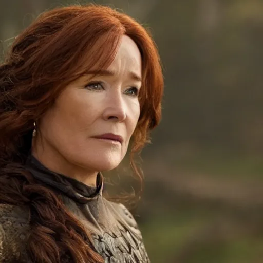 Image similar to mary mcdonnell as catlyn stark from game of thrones golden hour cinematic