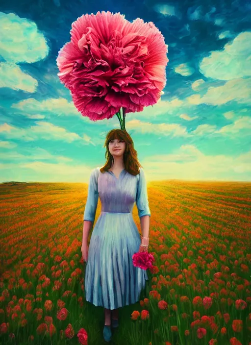 Image similar to portrait of a woman with a giant carnation as a face, flower field, surreal photography, sunset dramatic light, impressionist painting, colorful clouds, blue sky, digital painting, artstation, simon stalenhag