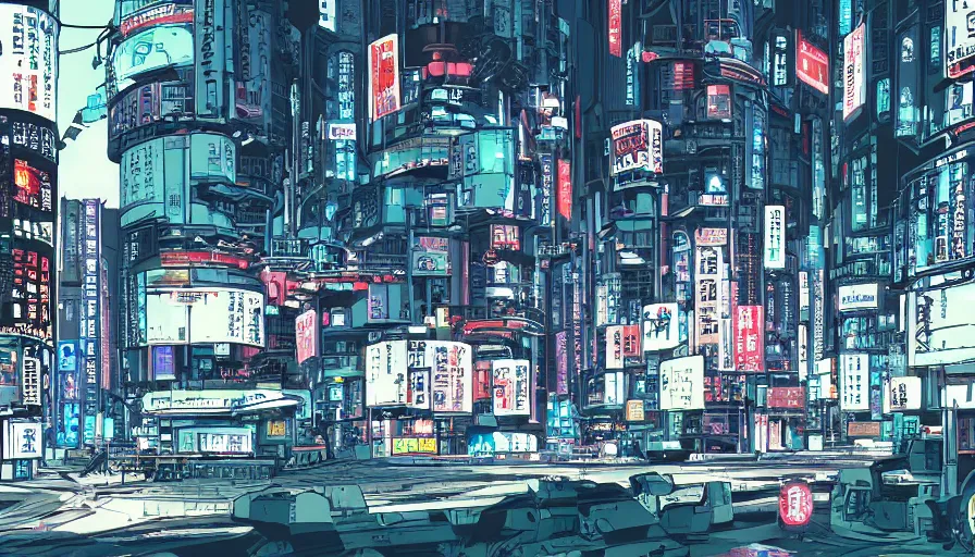 Prompt: Wide angle Concept Art of neo-Tokyo Maximum Security Mint Bank, in the Style of Akira, Anime, Dystopian, Cyberpunk, Crypto Valut, Helicopter Drones, 19XX