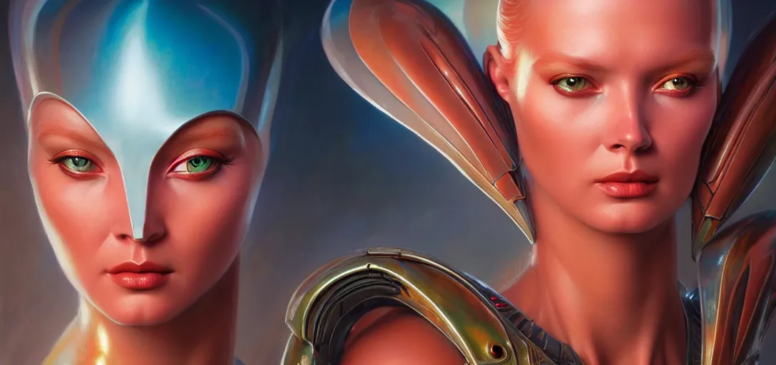 Image similar to face of a beautiful alien girl wearing shiny plastic armor in the style of roger dean and alberto vargas and stefan kostic, realistic, sharp focus, 8 k high definition, insanely detailed, intricate, elegant, art by greg rutkowski and artgerm, extreme blur coral reef background