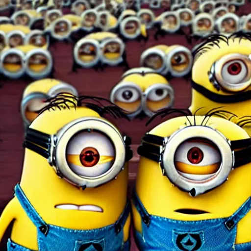 Image similar to the minions from despicable me perform a satanic blood ritual