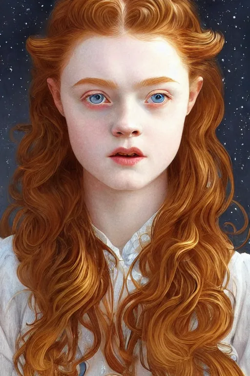 Image similar to Sadie Sink, sparkling eyes, stars in her eyes, shining eyes, grinning, elegant, enticing, sharp features, big flowing hair, traditional roman armor, highly detailed, digital painting, artstation, concept art, smooth, sharp focus, beautiful face, expressive eyes, illustration, art by Artgerm and greg rutkowski and alphonse mucha