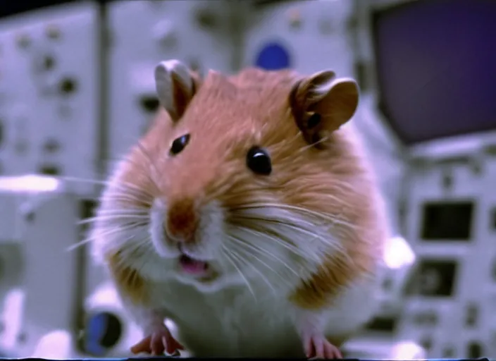 Image similar to film still of a hamster working for mission control at nasa, 8 k