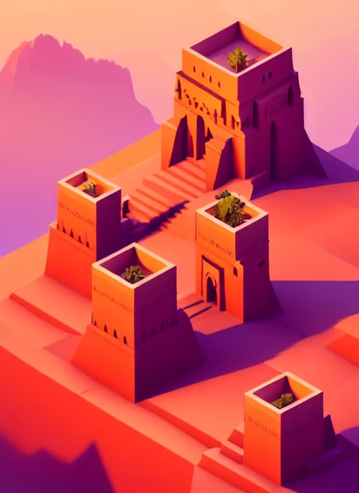 Prompt: a low poly isometric render of a morocco in the style of monument valley, intricate, elegant, smooth shading, soft lighting, illustration, simple, solid shapes, by magali villeneuve, jeremy lipkin and michael garmash, rob rey and kentaro miura style, octane render