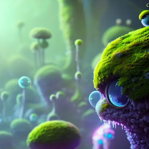 Prompt: macro photograph of cute alien moss and fungus creatures, volumetric lighting, depth of field, hyper detailed, soft focus, 8k, octane, by Pixar, by Beeple, trending on artstation