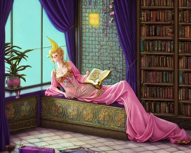 Prompt: a detailed fantasy pastel of a woman wizard in ornate clothing lounging on a purpur pillow on the marble floor in front of her bookcase in a room, reading an ancient tome. to the side is a potted plant, moody light. ancient retrofuturistic setting. 4 k key art. raytracing, perspective, by chie yoshii and casey weldon