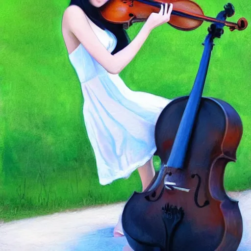 Image similar to a young asian girl in a white slip dress playing a cello in the sun by artgerm.