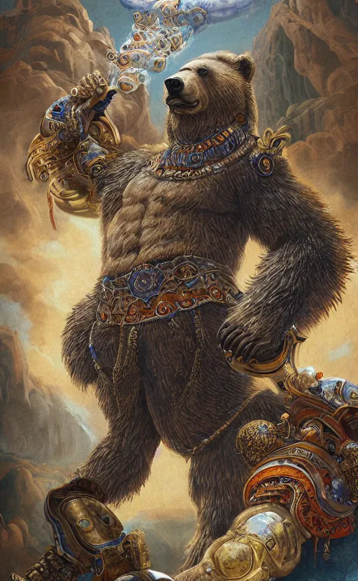 Image similar to mural of a bear beast-man, sci fi weapon, royal ornaments, reaching towards the heavens, sci fi world, holy imagery, highly detailed, beautiful colors, renaissance mural, mural in the style of sandro boticceli, sandro boticceli