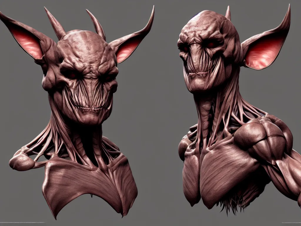 Prompt: game concept art, muscular, exoskeleton, chiroptera head, chiroptera ears, chiroptera nose, amphipoda, hyperrealism, fine detail, artstation, cgsociety, zbrush, no background