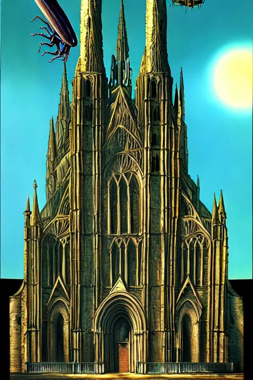 Image similar to a hyperrealistic painting of a flying biopunk alien monstrosity eating a cathedral, by chris cunningham and richard corben, highly detailed, vivid color,